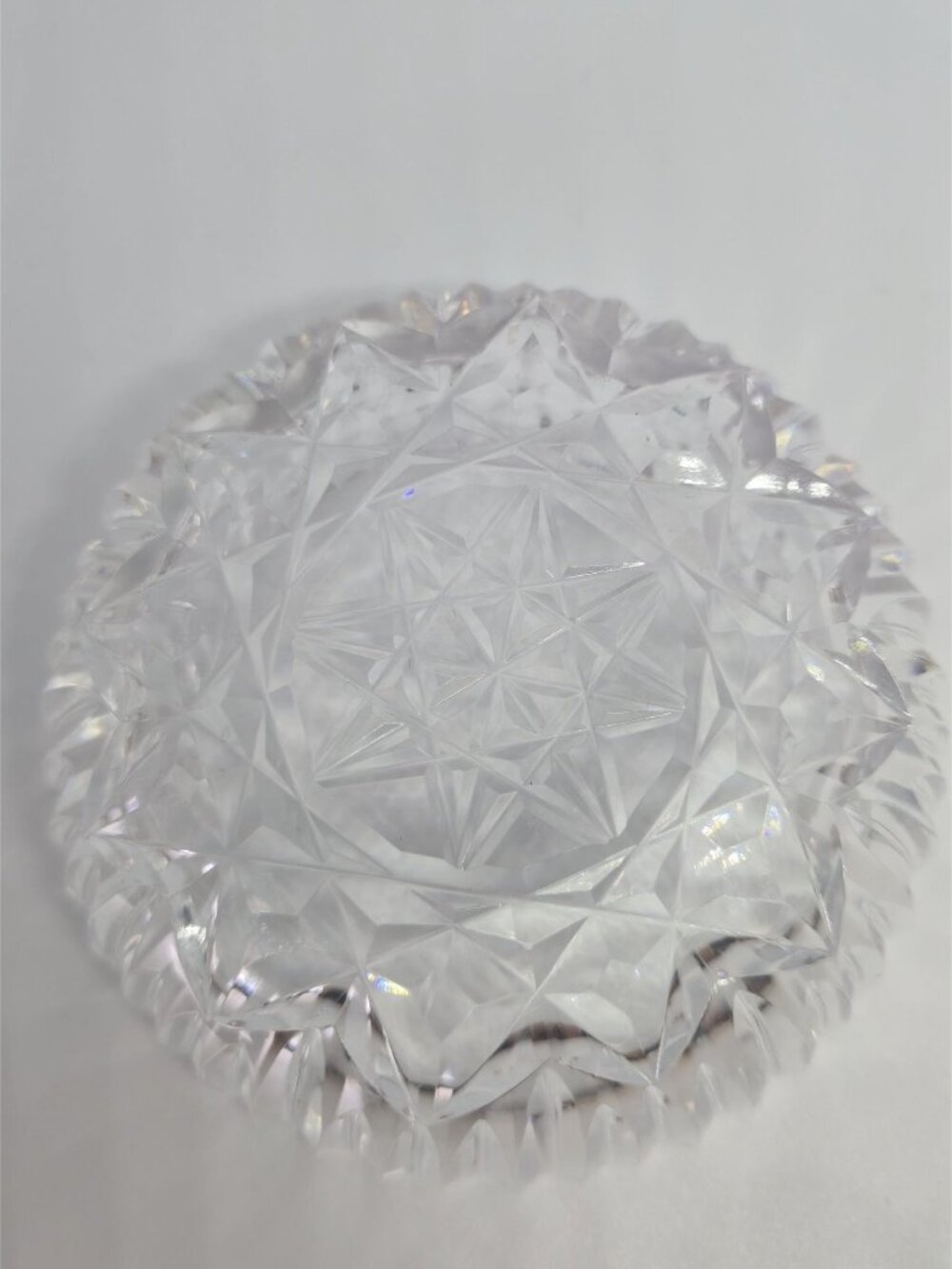 Vintage Crystal Ring Dish Starburst Cut Glass Trinket Bowl Sawtooth Rim Catchall - Picture 7 of 10
